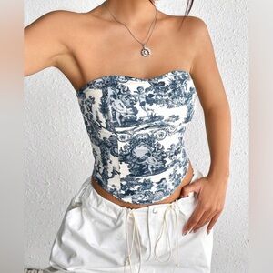 Strapless Blue Toile Print Bustier tube Top size small with tags